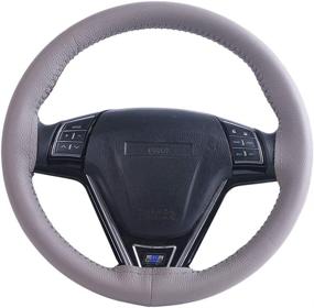img 3 attached to 🚗 Gray Genuine Leather 15" Standard Steering Wheel Cover for Men | Business Style Litchi Grain Design | Firm Grip for Driving