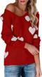 women's lightweight heart print pullover sweater off shoulder batwing sleeve slouchy tops logo