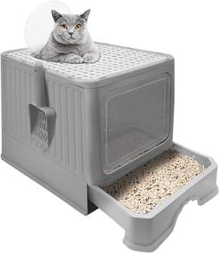 img 4 attached to 🐱 Foldable Enclosed Cat Litter Box with Lid - Fhiny Design | Top and Front Entry Kitty Litter Pan | Removable Drawer and Plastic Scoop | Anti-Splashing, Odor-Free | Easy to Clean and Scoop