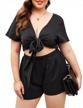 plus size women's outfit: in'voland 2-piece sexy v neck crop top & shorts sets w/ pockets logo