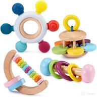 🧸 set of 4 montessori wooden toys for babies 18+ months - rattle, teething toy, silicone rudder with beech wooden ring logo