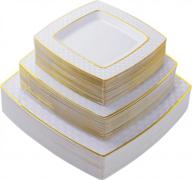 75 pieces gold plastic plates, white plates with gold rim,diamond square plates, disposable elegant plates set,includes: 25 dinner plates 9.5", 25 salad plates 7.6", 25 dessert plates 6.3 logo