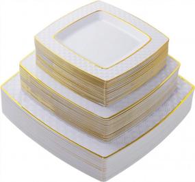 img 4 attached to 75 Pieces Gold Plastic Plates, White Plates With Gold Rim,Diamond Square Plates, Disposable Elegant Plates Set,Includes: 25 Dinner Plates 9.5", 25 Salad Plates 7.6", 25 Dessert Plates 6.3