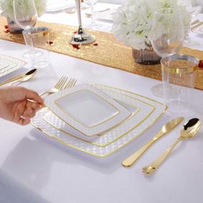 img 3 attached to 75 Pieces Gold Plastic Plates, White Plates With Gold Rim,Diamond Square Plates, Disposable Elegant Plates Set,Includes: 25 Dinner Plates 9.5", 25 Salad Plates 7.6", 25 Dessert Plates 6.3