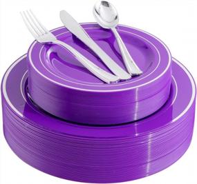 img 4 attached to WELLIFE 200PCS Purple Silver Plastic Dinnerware Set - Includes 40 Dinner Plates, 40 Dessert Plates, 40 Knives, 40 Forks And 40 Spoons For Parties & Weddings