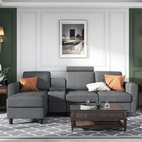 img 1 attached to HONBAY Серый реверсивный секционный диван-кровать L-образной формы с подстаканниками и консолью для хранения, левый или правый шезлонг для гостиной, офиса