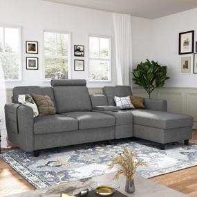 img 2 attached to HONBAY Серый реверсивный секционный диван-кровать L-образной формы с подстаканниками и консолью для хранения, левый или правый шезлонг для гостиной, офиса