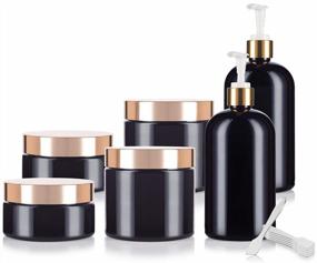 img 4 attached to Set Of 6 Black And Gold PET Plastic Bottles And Jars - 16 Oz Bottle, 8 Oz And 16 Oz Jars With Lotion Pumps, Lids, And Spatulas