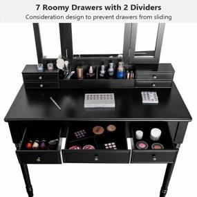 img 3 attached to Black Vanity Desk Set With Trifold Mirror, 8 Necklace Hooks, 7 Drawers & Storage Grid Organizer Box - Makeup Vanities For Girls Women Bedroom W/ Cushioned Stool - CHARMAID