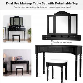 img 2 attached to Black Vanity Desk Set With Trifold Mirror, 8 Necklace Hooks, 7 Drawers & Storage Grid Organizer Box - Makeup Vanities For Girls Women Bedroom W/ Cushioned Stool - CHARMAID