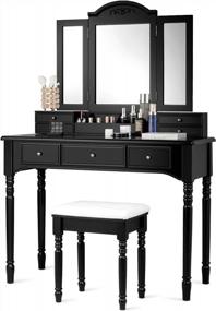 img 4 attached to Black Vanity Desk Set With Trifold Mirror, 8 Necklace Hooks, 7 Drawers & Storage Grid Organizer Box - Makeup Vanities For Girls Women Bedroom W/ Cushioned Stool - CHARMAID
