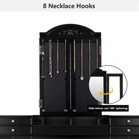 img 1 attached to Black Vanity Desk Set With Trifold Mirror, 8 Necklace Hooks, 7 Drawers & Storage Grid Organizer Box - Makeup Vanities For Girls Women Bedroom W/ Cushioned Stool - CHARMAID