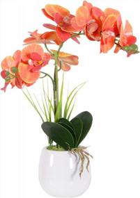 img 4 attached to Orchid Bonsai Arrangement With Vase: Decorative Phalaenopsis Artificial Flowers For Home, Office, Or Party Decor In Orange By VIVILINEN