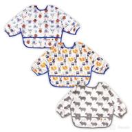 bundle of 3 long sleeve bibs with crumb catcher and waterproof pocket - stain and odor resistant play smocks for babies (6-24 months) logo