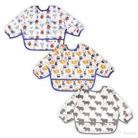 img 4 attached to Bundle of 3 Long Sleeve Bibs with Crumb Catcher and Waterproof Pocket - Stain and Odor Resistant Play Smocks for Babies (6-24 Months)