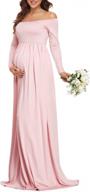fitglam women's maternity dress for photoshoot baby shower off shoulder long sleeve maxi pregnancy dress pink logo