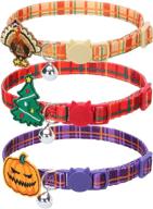3 pack adjustable halloween cat collars with pumpkin, turkey & christmas tree patterns - pupteck logo