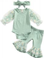 flared baby girl's bell bottoms outfit - 3 pieces with daisy design, mesh patchwork playsuit, and headband logo