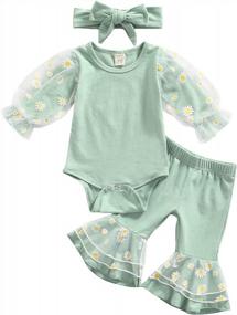 img 4 attached to Flared Baby Girl'S Bell Bottoms Outfit - 3 Pieces With Daisy Design, Mesh Patchwork Playsuit, And Headband