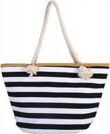women's waterproof shoulder handbag: large canvas striped beach bag w/ top zipper closure & tote strap logo