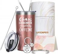 rose gold chaos coordinator tumbler - 20oz stainless steel with lid and straw - funny coffee cup for women, moms, wives, friends, coworkers, and teachers - perfect gift set fueled by caffeine logo