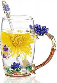 img 4 attached to Набор чашек для чая из эмалированного стекла ручной работы - дизайн с голубыми розами и бабочкой с ложкой - идеальный подарок на День святого Валентина или день рождения