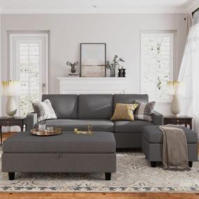 img 1 attached to Small Space Sectional Sofa With Ottoman: HONBAY Reversible Dark Grey L-Shaped Couch And Chaise.