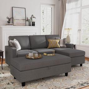 img 3 attached to Small Space Sectional Sofa With Ottoman: HONBAY Reversible Dark Grey L-Shaped Couch And Chaise.