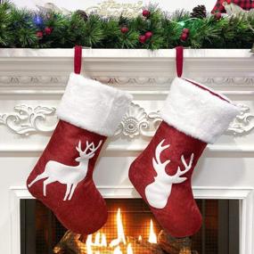 img 1 attached to 4-Pack 18In Red Burlap Plush Faux Fur Cuff Xmas Stockings W/ Townshine Reindeer Print - Perfect For Family Party Decor!