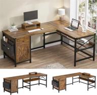 l-shaped reversible corner home office desk for 2 people with drawer, bookshelf, storage cabinet, monitor stand, and storage bag - rustic brown logo