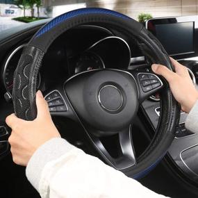 img 3 attached to 🐾 Black Panther Luxury Leather Car Steering Wheel Cover: 3D Honeycomb Hole Design, Anti-Slip, Universal Fit - Blue (15 Inch)