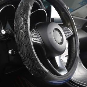 img 2 attached to 🐾 Black Panther Luxury Leather Car Steering Wheel Cover: 3D Honeycomb Hole Design, Anti-Slip, Universal Fit - Blue (15 Inch)