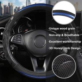 img 1 attached to 🐾 Black Panther Luxury Leather Car Steering Wheel Cover: 3D Honeycomb Hole Design, Anti-Slip, Universal Fit - Blue (15 Inch)