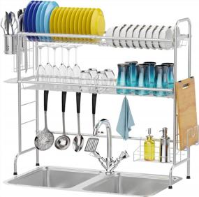 img 4 attached to Packism 2 Tier Stainless Steel Over Sink Dish Drying Rack With Utensil Holder, Rust Resistant Non-Slip Kitchen Counter Top Shelf, Silver