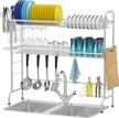 packism 2 tier stainless steel over sink dish drying rack with utensil holder, rust resistant non-slip kitchen counter top shelf, silver logo