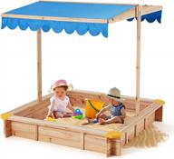 ectouge kids sandbox with canopy(47.2” x 47.2” x 47.2”), wooden sandbox toys for toddlers age 2-4, two beach seats, uv-resistant & adjustable height roof sand protection for outdoor, natural & blue logo