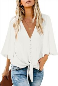 img 4 attached to Stylish And Chic: LookbookStore Women'S V Neck Button Down Shirt With 3/4 Bell Sleeve And Tie Knot Blouse