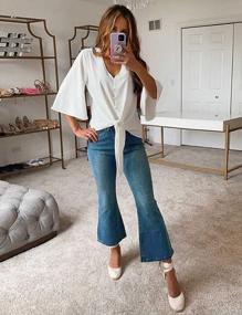 img 2 attached to Stylish And Chic: LookbookStore Women'S V Neck Button Down Shirt With 3/4 Bell Sleeve And Tie Knot Blouse