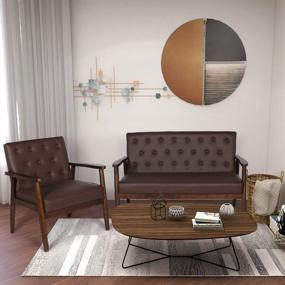 img 1 attached to Современный диван-кровать из искусственной кожи середины века и набор стульев в ретро-дизайне с твердыми подлокотниками - идеальная мебель для гостиной (коричневый, набор из 2)