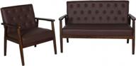 mid-century modern faux leather loveseat sofa and accent chair set in retro solid arm design - perfect living room furniture (brown, set of 2) logo