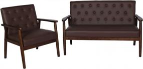 img 3 attached to Mid-Century Modern Faux Leather Loveseat Sofa And Accent Chair Set In Retro Solid Arm Design - Perfect Living Room Furniture (Brown, Set Of 2)