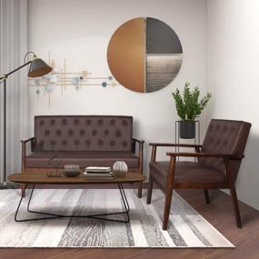 img 2 attached to Mid-Century Modern Faux Leather Loveseat Sofa And Accent Chair Set In Retro Solid Arm Design - Perfect Living Room Furniture (Brown, Set Of 2)