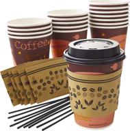 100 count decorative 12 oz disposable coffee cup set - leak-free, with sleeves, lids, and stirrers. recyclable and stylish brown paper cup bundle for hot beverages and drinks. ideal for parties, offices, businesses, or cafes логотип