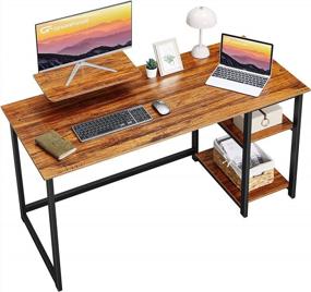 img 4 attached to Modern Writing PC Work Table With Monitor Stand And Storage Shelves - GreenForest Home Office Computer Desk, 47 Inch, Walnut Finish, Easy Assembly