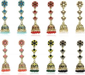 img 4 attached to Stunning Ethnic Style Earrings: Indian Jhumka Jhumki Drop Dangle Earrings For Women With Golden Ball Pendant And Enamel Design - 4 To 6 Pairs By Idealway