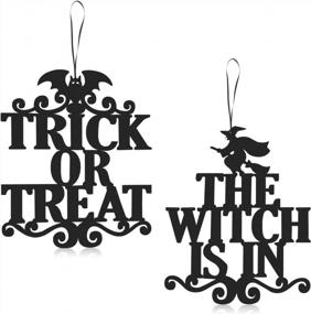 img 4 attached to ERKOON 2 Set Halloween Hanging Sign Decorations Non-Woven Trick Or Treat And The Witch Is In For Door And Wall Decoration Indoor Outdoor Yard Haunted House Party Supplies 14 X 12 Inch