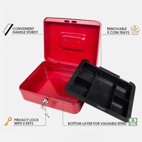 img 3 attached to KYODOLED Large Metal Cash Box With Money Tray And Lock,Money Box With Cash Tray,Cash Drawer,9.84"X 7.87"X 3.54" Red Large