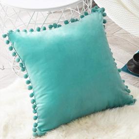 img 4 attached to Add A Pop Of Color And Texture To Your Home With Top Finel Velvet Throw Pillow Cover With Pom-Poms In Teal Green