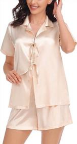 img 3 attached to SWOMOG Women'S Luxurious Silk Satin Pajamas Sets - Tie Front Short Sleeve Tops & Shorts Two-Piece Sleepwear Set