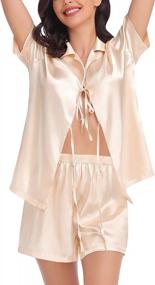 img 4 attached to SWOMOG Women'S Luxurious Silk Satin Pajamas Sets - Tie Front Short Sleeve Tops & Shorts Two-Piece Sleepwear Set